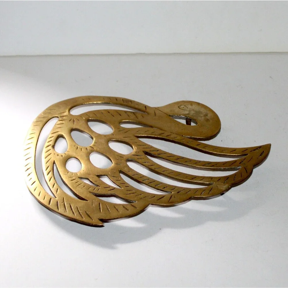 Vintage Brass Swan Trivet 9” footed MCM Kitchen Home Decor